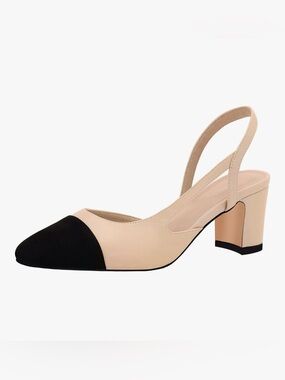 Two-Tone Beige and Black Slingback Block Heel Pumps